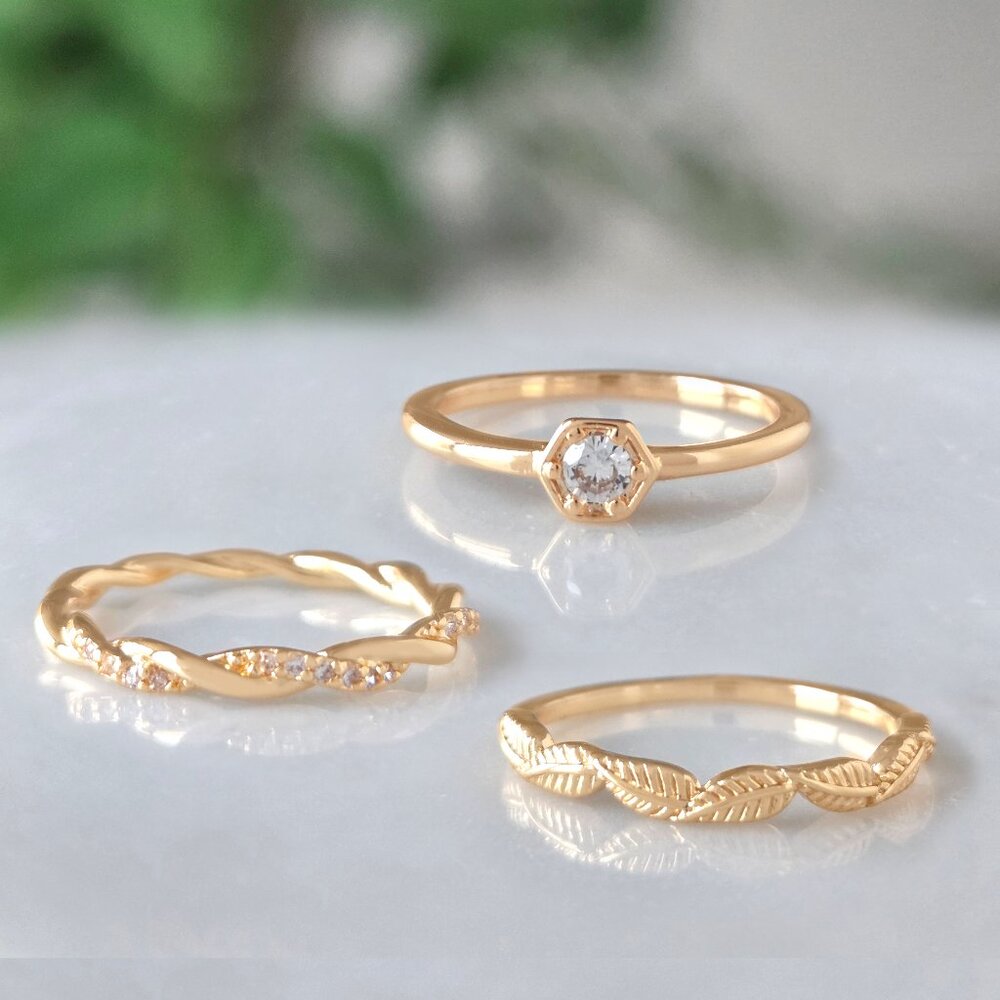 Dainty Gold Feather Twist Boho 3-ring set, Charmed Aroma Wanderlust Collection